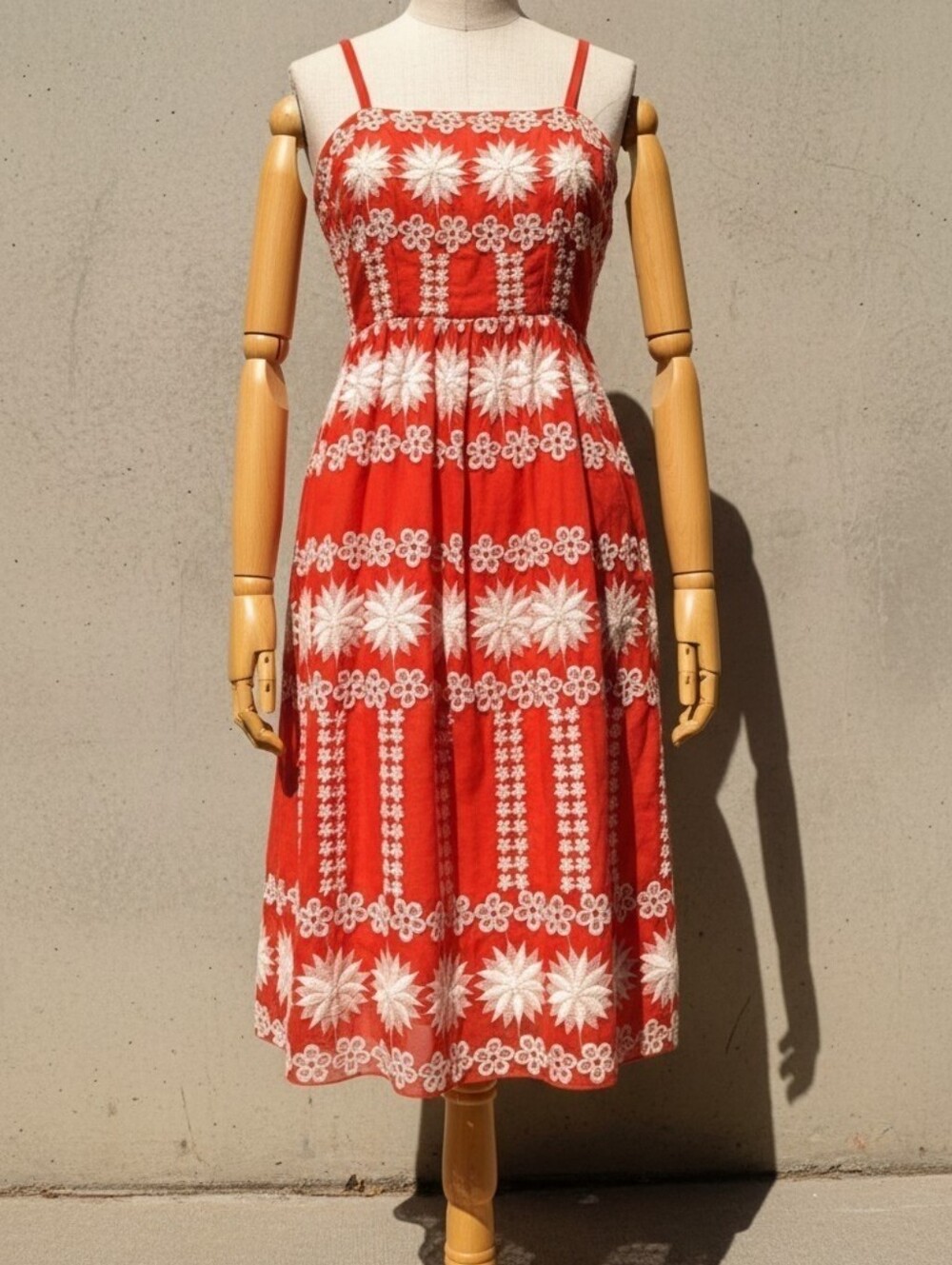 Miss Elliette Red Midi Dress with White Floral Embroidery